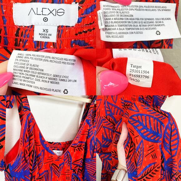 Alexis x Target Tropical Leaf Tie Shoulder Red Blue Handkerchief Midi Dress XS - Picture 12 of 16